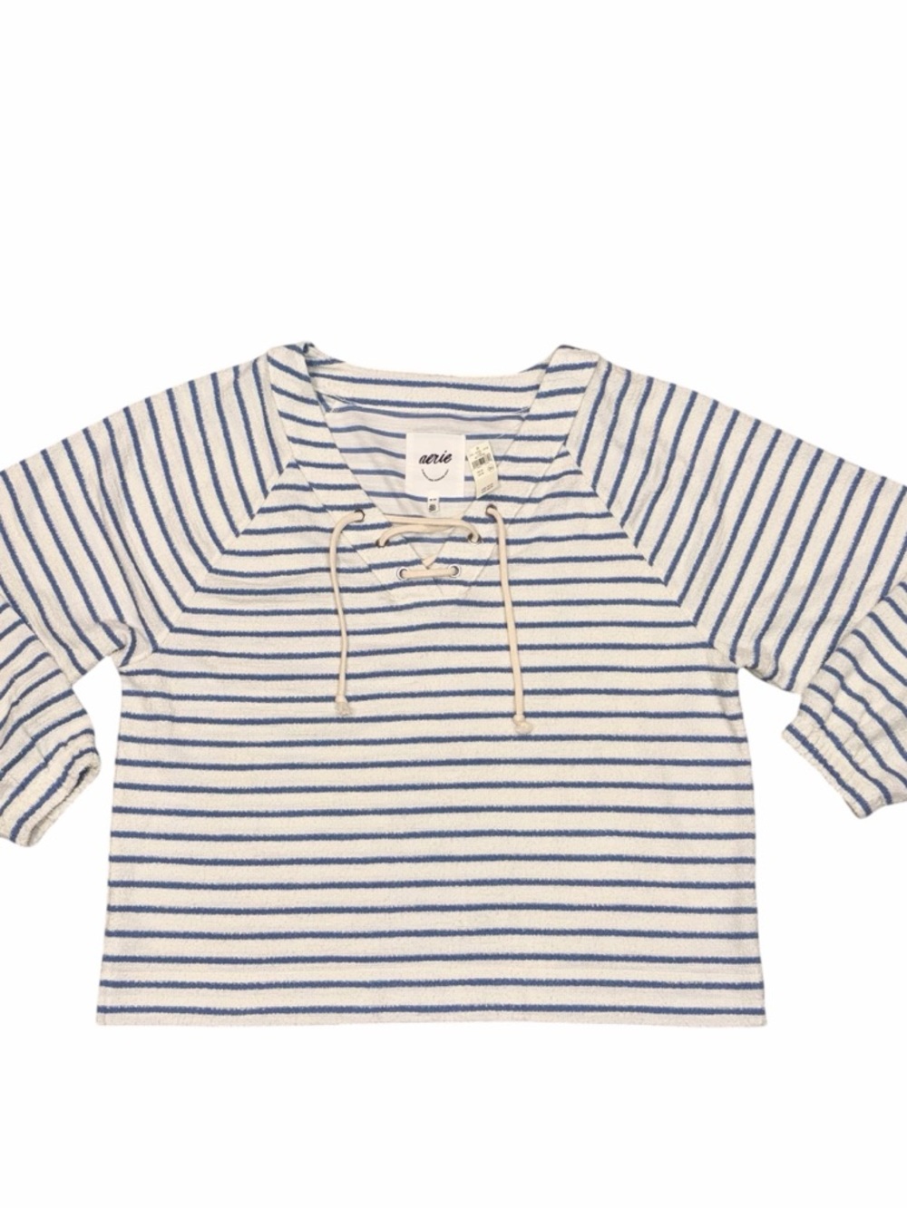NEW Aerie Blue & White Stripe Terry Cloth Lace Up Pullover Sweatshirt Medium - Picture 2 of 10